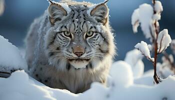 ai generado nieve leopardo curioso, invierno belleza en naturaleza generado por ai foto