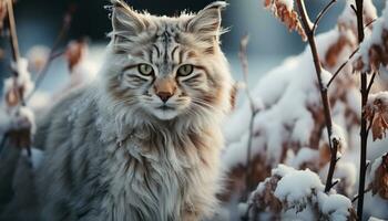 AI generated Cute kitten with fur sitting in snow, looking at camera generated by AI photo