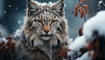 AI generated Majestic bobcat in winter forest, looking at camera generated by AI photo