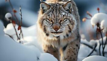 AI generated Snow leopard walking in the winter forest generated by AI photo