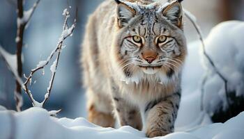 AI generated Bobcat in winter forest, fierce and beautiful generated by AI photo