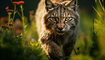 AI generated Cute bobcat looking at camera in the grass generated by AI photo