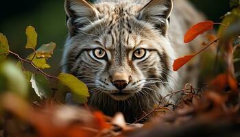 ai generado linda gato montés ocultación en el otoño bosque generado por ai foto