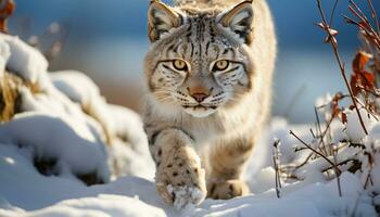 ai generado majestuoso gato montés caminando en el Nevado desierto generado por ai foto