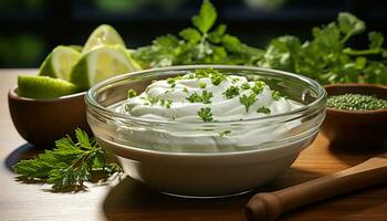 AI generated Freshness and healthy eating in a homemade vegetarian dip generated by AI photo