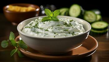 AI generated Freshness and flavor in a creamy tzatziki dip generated by AI photo