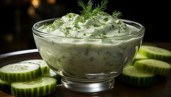 AI generated Fresh cucumber salad, a healthy and refreshing appetizer generated by AI photo