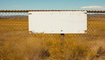 AI generated Rusty metal fence frames old yellow billboard generated by AI photo