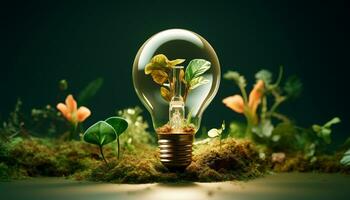 AI generated Nature innovation, Electric lamp illuminates green environment generated by AI photo