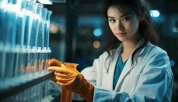 ai generado joven mujer científico analizando líquido en laboratorio generado por ai foto