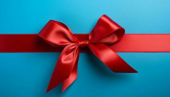 AI generated Shiny blue satin gift with tied bow generated by AI photo