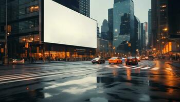 AI generated City life at dusk, traffic speeds through skyscrapers generated by AI photo