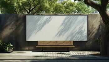 AI generated Empty bench in nature with blank billboard background generated by AI photo