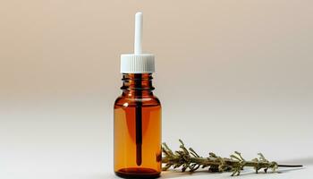 AI generated Aromatherapy oil bottle with fresh herbal medicine generated by AI photo