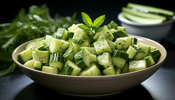 AI generated Fresh salad with cucumber, tomato, avocado, and herbs generated by AI photo