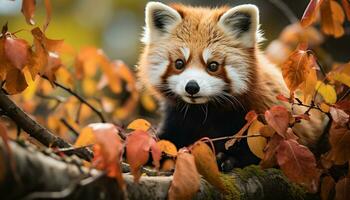 ai generado linda perrito jugando en otoño bosque, mullido piel generado por ai foto