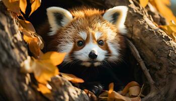 AI generated Cute bear playing in the autumn forest generated by AI photo