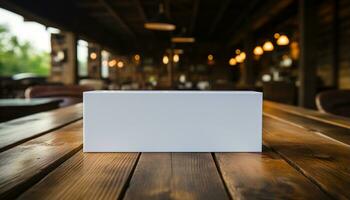 AI generated Wooden desk with empty space, illuminated by modern lighting generated by AI photo