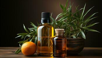 AI generated Freshness and nature in a bottle of aromatherapy oil generated by AI photo