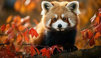 AI generated Cute small panda sitting under autumn maple tree generated by AI photo