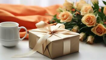 AI generated Romantic gift box on table, love and celebration generated by AI photo