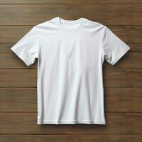 AI generated Fashion store display with folded t shirts on table generated by AI photo