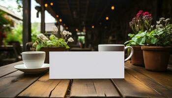 ai generado café taza en de madera escritorio en café tienda generado por ai foto