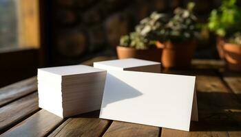 AI generated Wooden table with stack of books and flower generated by AI photo