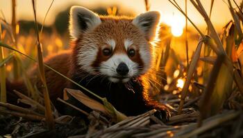 AI generated Cute panda sitting on branch, looking at camera generated by AI photo