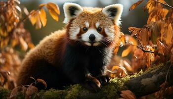 AI generated Cute red panda sitting on tree branch generated by AI photo