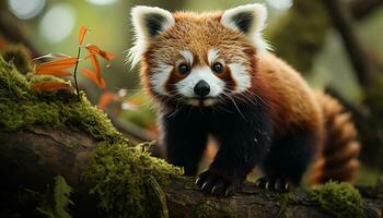 AI generated Cute panda sitting on branch in green forest generated by AI photo