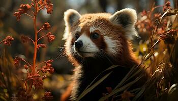 ai generado linda rojo panda sentado en rama, mirando generado por ai foto