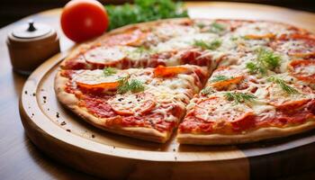 AI generated Freshly baked pizza on wooden table, Italian gourmet generated by AI photo