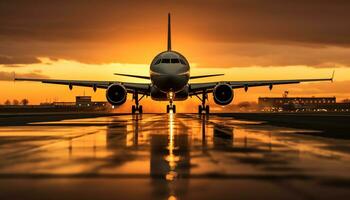 ai generado avión tomando apagado a atardecer, volador mediante nubes generado por ai foto