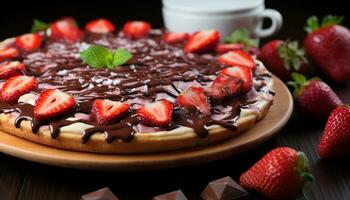 AI generated Freshness and indulgence on a wooden table, homemade strawberry dessert generated by AI photo