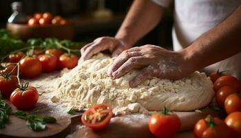 AI generated Preparing homemade pizza dough on wooden table generated by AI photo