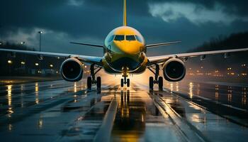 AI generated Airplane taking off at dusk, illuminating the sky generated by AI photo