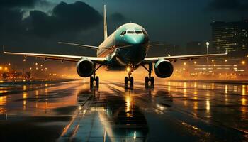 AI generated Flying airplane at dusk, illuminating the night sky generated by AI photo