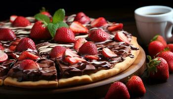 AI generated Fresh strawberry dessert on wooden plate, indulgent and gourmet generated by AI photo
