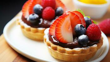 AI generated Fresh berry tart on wooden table with whipped cream generated by AI photo