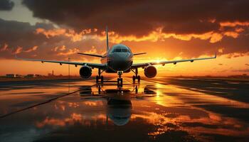 ai generado volador avión a atardecer, transportar pasajeros en negocio generado por ai foto