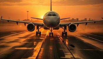 AI generated Taking off at dusk, a commercial airplane soars generated by AI photo