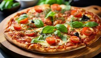 AI generated Freshly baked pizza on wooden table, Italian gourmet generated by AI photo