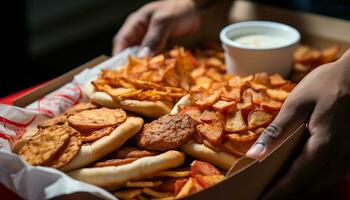 AI generated Homemade meal, grilled pork, fresh bread, indulgent dessert generated by AI photo