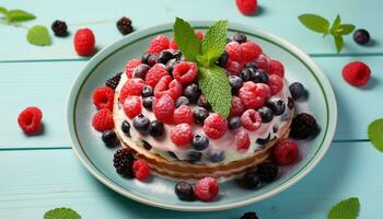 ai generado Fresco baya postre en de madera plato con menta hoja generado por ai foto