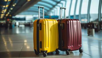 AI generated Waiting in airport terminal, luggage cart handles baggage generated by AI photo