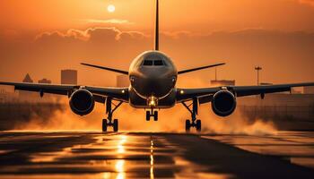 ai generado volador comercial avión a atardecer, negocio viaje modo generado por ai foto