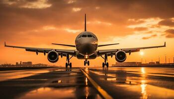 AI generated Sunset silhouette of airplane taking off at dusk generated by AI photo