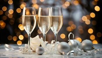 AI generated Champagne flutes shimmer in golden Christmas celebration generated by AI photo