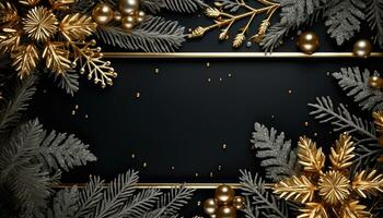 AI generated Golden winter celebration with snowflake ornament on tree generated by AI photo